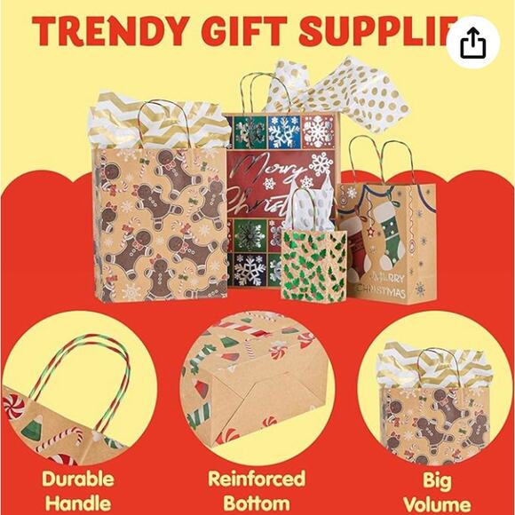 24 Christmas Foil Kraft Gift Bags Assorted Sizes with Twine Handles-24 Different - Picture 3 of 6